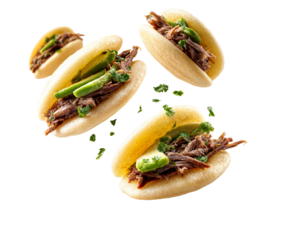 Tender bao buns with shredded beef and cucumber slices floating in the air with herbs isolated on transparent background