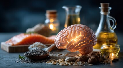 Anatomically accurate human brain glowing with energy, surrounded by natural sources of good fats like salmon, chia seeds, and olive oil, soft lighting, medical infographic style.