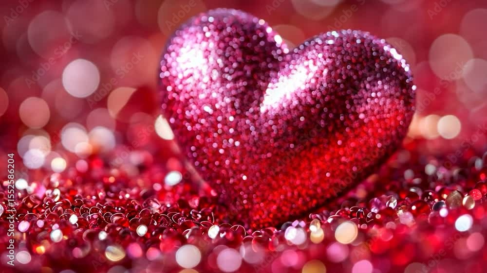 Poster Glittering Red Heart against Sparkling Red Granules and Warm Bokeh Background