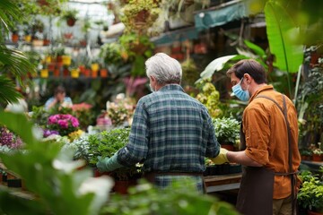 Hospital Garden. Two Mature Male Gardeners Hold Plants at Garden Centre, Back View