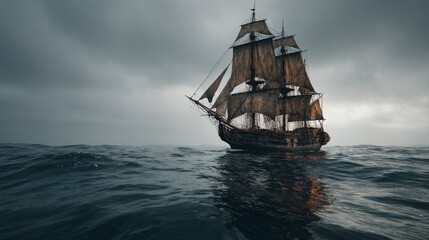 Fototapeta premium Old sailing ship with weathered sails drifting slowly on vast ocean under cloudy sky, surrounded by endless waves, evoking solitude and abandonment in cinematic 8K ultra detail.