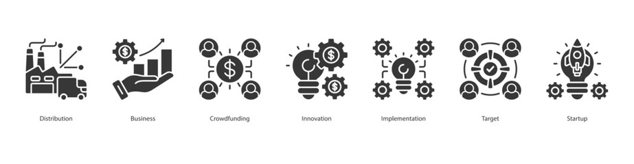 Startup Launch banner web icon set vector illustration concept with icon of Distribution, Business, Crowdfunding, Innovation, Implementation, Target, Startup