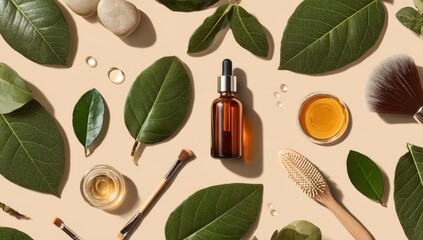 Flatlay showcasing amber bottle of face oil, surrounded by leaves, stones, makeup brushes, and small bowls of honey-like substance, on a light beige background