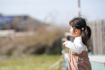 A cheerful 3-year-old Japanese girl with twin-tails is spending a sunny spring afternoon in March, feeding green grass to a friendly goat in a quiet countryside field bathed in soft warm sunlight.