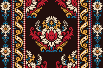 Colorful ikat floral pattern with traditional damask embroidery in red, yellow, and blue tones on black background, seamless ethnic textile design for clothing, decoration, fabric, and wallpaper.