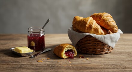 Delicious Croissants with Jam and Butter: A Rustic Breakfast Delight