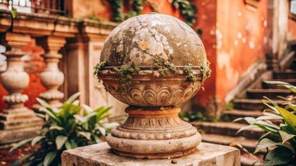 Fototapeta premium Ancient Ornate Orb on Weathered Stone Pedestal in Lush Greenery