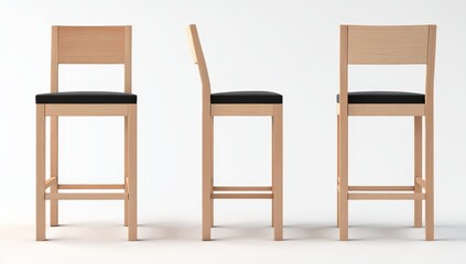 Light wood bar stools with black seat, 3 views