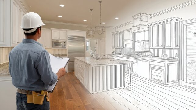 Kitchen Contractor. Male Contractor Inspecting Custom Kitchen Schematic Blueprint in White Background