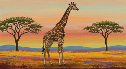 Giraffe in savanna landscape illustration