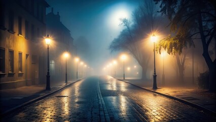 Dense fog envelops a dimly lit street at dusk