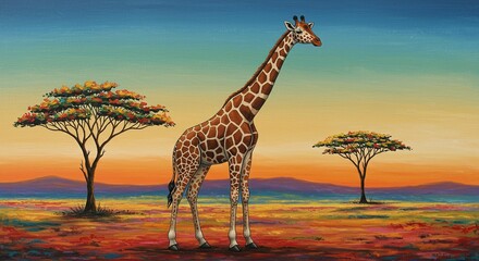 Obraz premium Giraffe in savanna sunset landscape