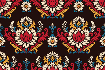 Colorful ikat floral pattern with traditional damask embroidery in red, yellow, and blue tones on black background, seamless ethnic textile design for clothing, decoration, fabric, and wallpaper.