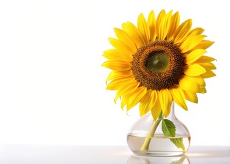 Beautiful bright yellow sunflower in a vase on an isolated white background