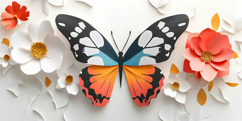 Paper butterfly and flowers