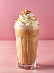 Rich creamy topped iced coffee drink on table