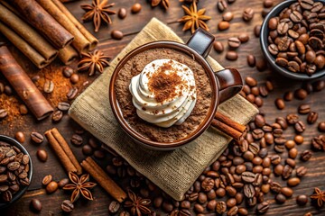 A brown mug filled with coffee and topped with whipped cream and cinnamon sits on a burlap surface surrounded by coffee beans, cinnamon sticks, and star anise
