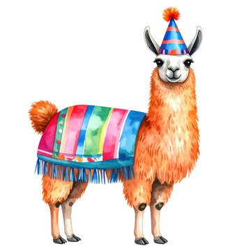 Colorful llama wearing a party hat and festive blanket. cut out. transparent background