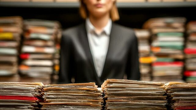 Archivist Amidst Stacks of Documents - Focused on Organization