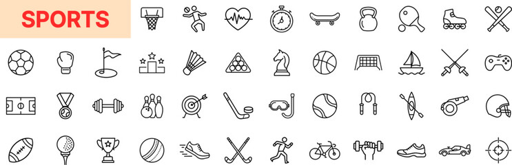 Sports Line Icon Design Featuring Basketball, Soccer, Baseball, Tennis, Cycling, Medals, Stopwatch, Gym Equipment, Water Sports, and Fitness Activity Symbols