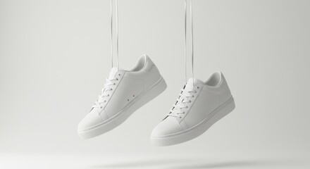 Elegant white sneakers suspended against a pure white backdrop demonstrating modern fashion and minimalist design for commercial product photography and advertising campaigns showcasing footwear