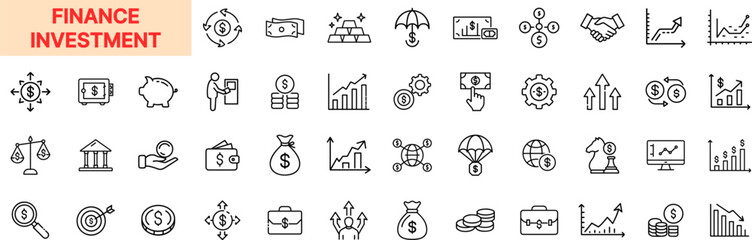 Finance Investment Line Icon Design Featuring Growth Charts, Coins, Dollar Signs, Piggy Banks, Stocks, Portfolio Briefcases, Gold Bars, Umbrella Funds, and Financial Planning Tools