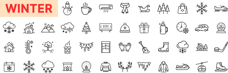 Winter Line Icon Design Featuring Snowflakes, Mittens, Scarves, Hot Drinks, Sledding, Snowmen, Heaters, Christmas Trees, Winter Sports, and Cold Weather Clothing