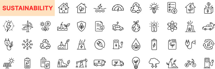 Sustainability Line Icon Design Featuring Renewable Energy, Eco Homes, Recycling Arrows, Electric Cars, Solar Panels, Water Conservation, Green Batteries, Charging Stations, and Tree Planting