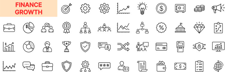 Finance Growth Line Icon Design Featuring Bar Charts, Dollar Symbols, Business Planning, ROI, Market Strategy, Investment, Innovation, Wealth, Trophy, Gears, and Analytics