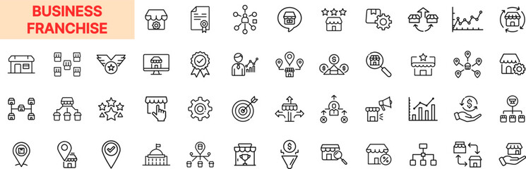 Business Franchise Line Icon Design Featuring Branch Networks, Award Medals, Market Analysis, Store Locations, Charts, Team Structures, Customer Reviews, Sales Strategy, Gears, and Growth Arrows