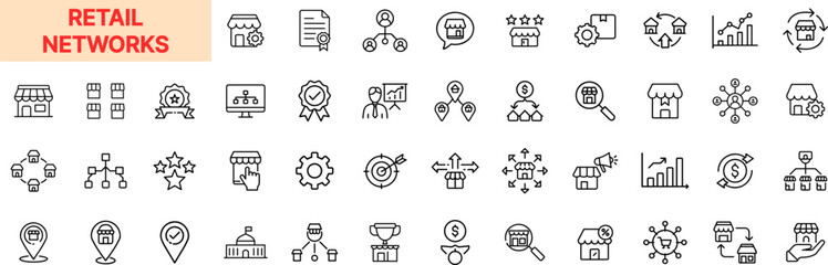 Retail Networks Line Icon Design Featuring Storefronts, Location Pins, Customer Ratings, Sales Charts, Distribution Maps, Awards, Shopping Bags, Gears, Statistics, and Network Structures