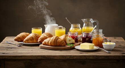 Warm, inviting breakfast scene with croissants, orange juice, and assorted jams.