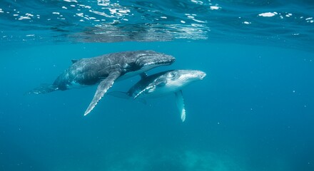 Humpback whale mother and calf underwater
