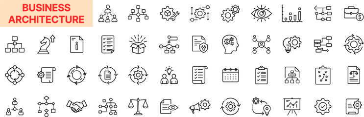 Business Architecture Line Icon Design Featuring Flowcharts, Gears, Org Charts, Process Nodes, Strategy Documents, Mind Maps, Data Sheets, Calendars, and Decision Trees
