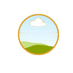 Landscape design with greenery and blue sky with scattered clouds embedded in circular shape.
