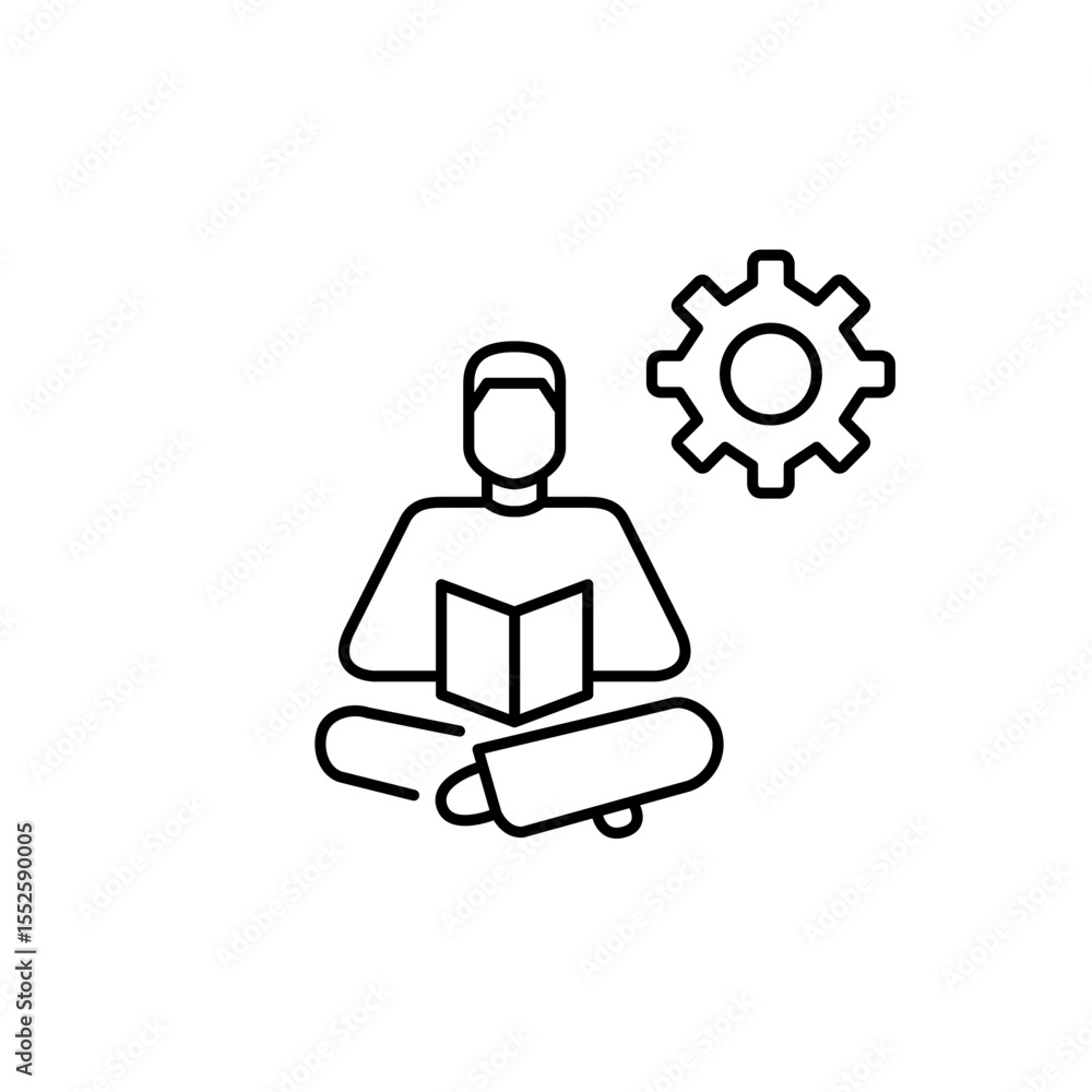 Poster man reading book and cogwheel. learning management, personalized education settings, study optimizat