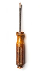 Old screwdriver with rusty handle and worn-out tip on a plain white background