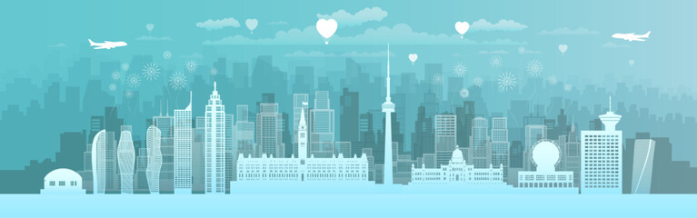 Travel landmarks Canada in Toronto and Ottawa with anniversary and celebration on blue background, Canada isolated architecture icon set and symbol with tour europe landmark for brochure.