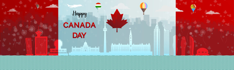 Happy travel Canada day anniversary and celebration in maple leaf flag background with Travel landmarks architecture of Canada in Toronto and ottawa in paper art, paper cut style. Vector illustration.