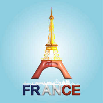 Travel eiffel tower in Paris landmark symbol and icon of France. Beautiful and famous building architecture in europe, Tour Eiffel tower 3d render illustration. Travel landmark of world in French.