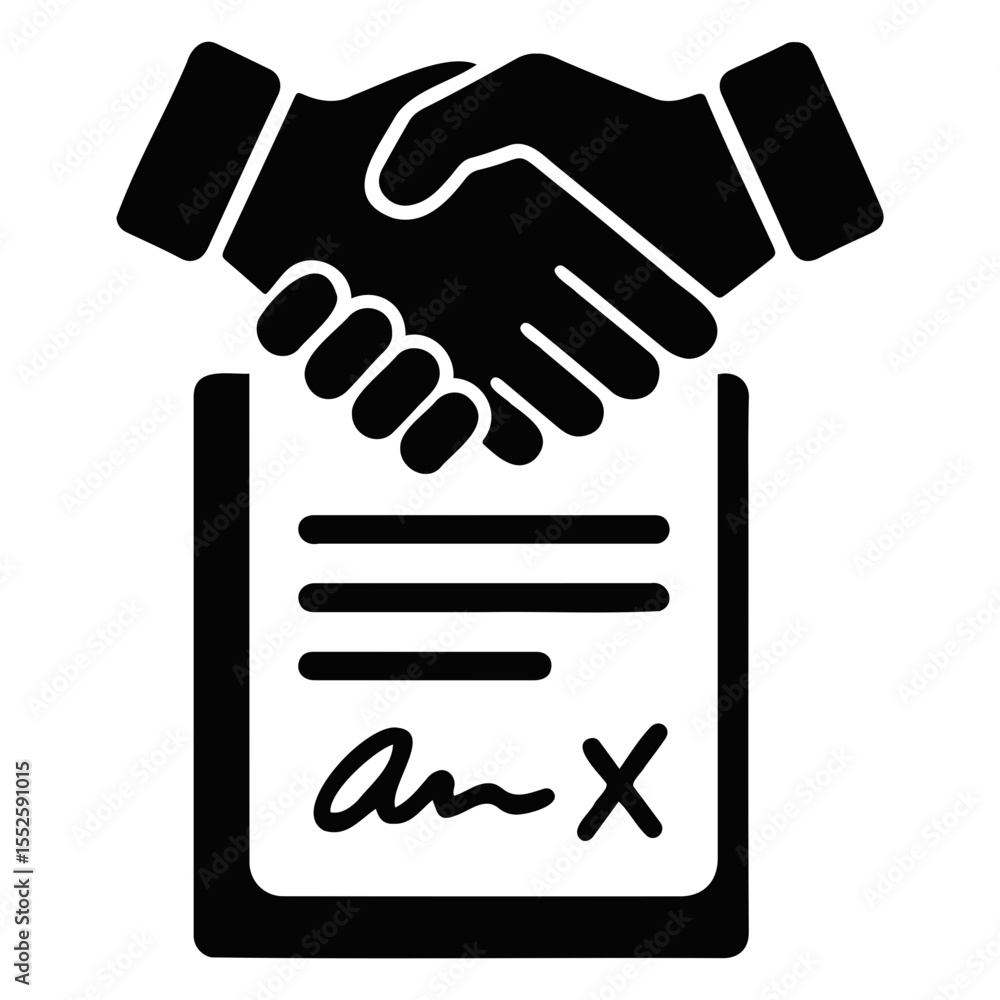 Poster black and white illustration of a handshake over a document with a signature on it on transparent ba