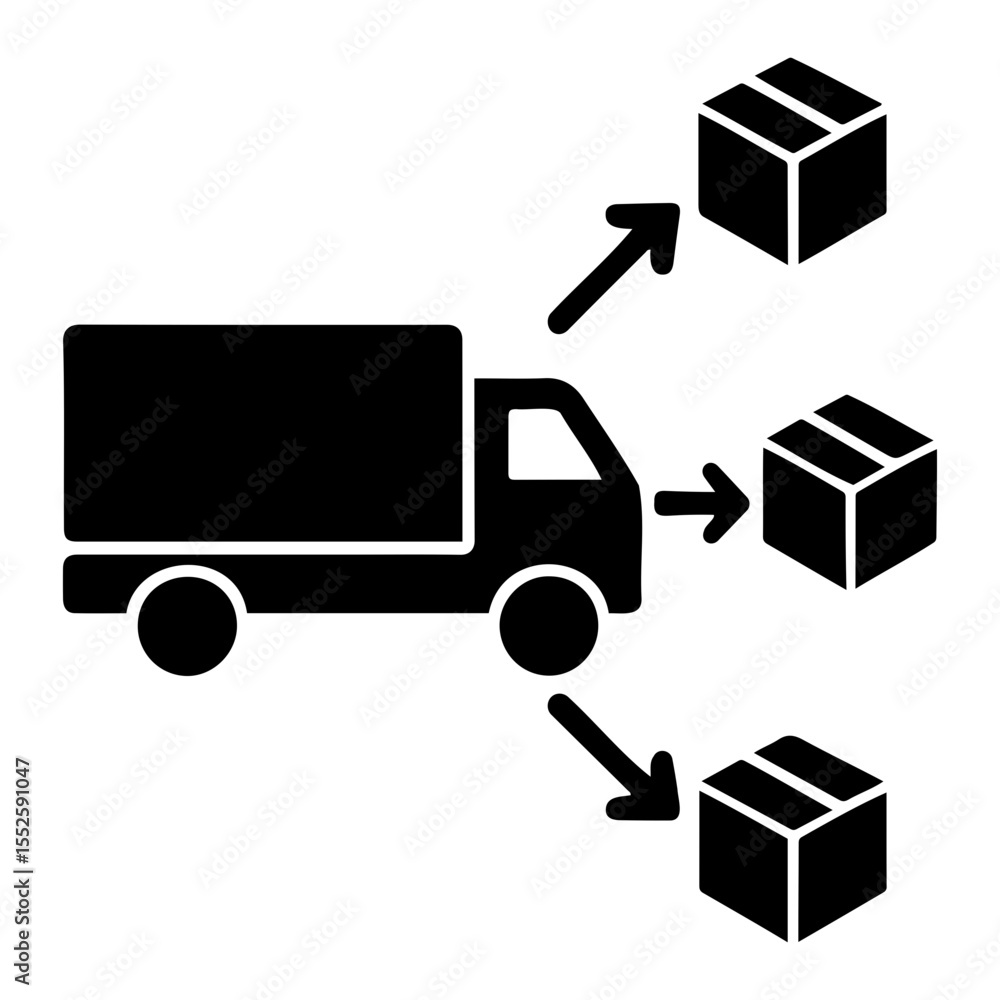 Poster delivery truck distributing packages with arrows indicating direction of distribution flow on transp
