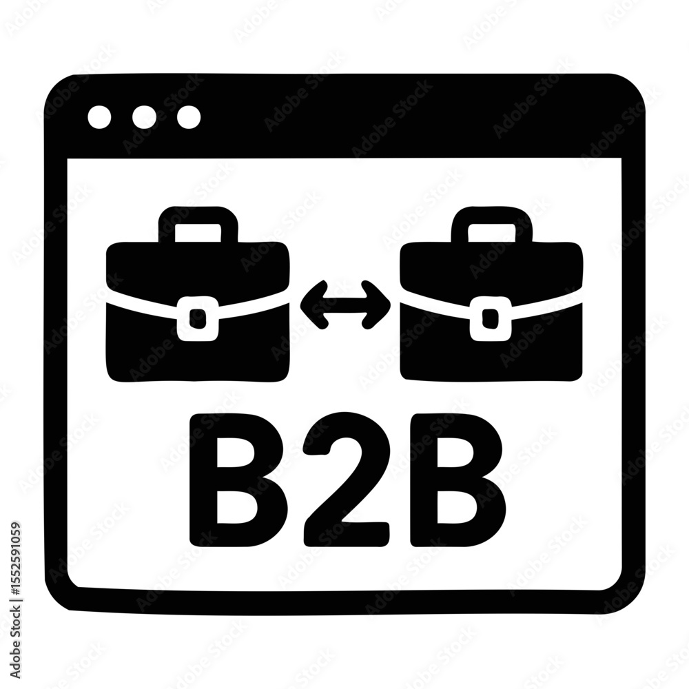Poster business to business concept showing two briefcases with a connecting arrow inside frame on transpar