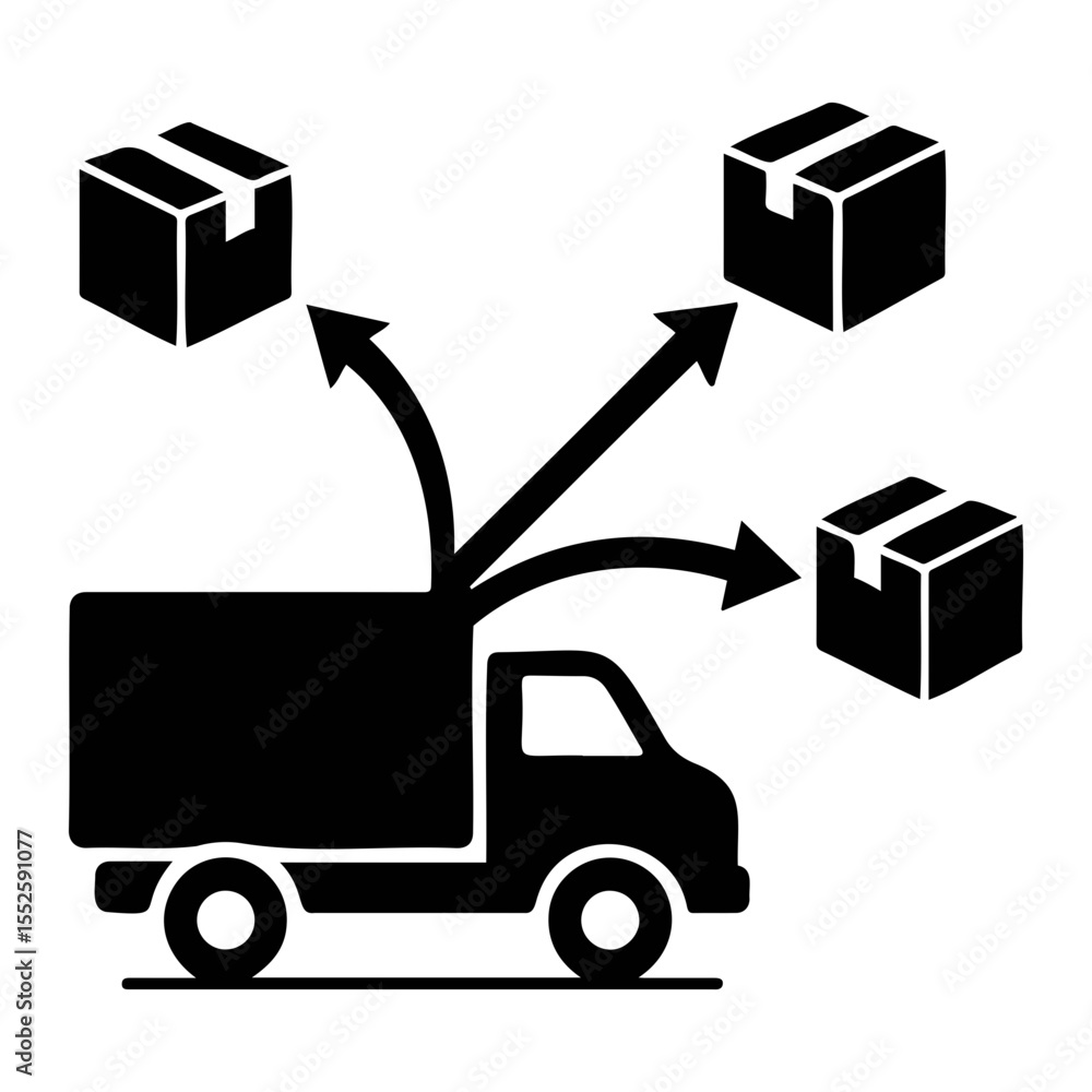 Poster delivery truck with multiple arrows pointing to boxes indicating distribution network system on tran