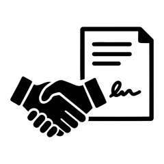 Black and white graphic of a handshake in front of a signed document representing an agreement on transparent background