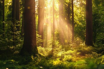 Fototapeta premium Warm forest atmosphere with glowing sunbeams and vibrant green colors, summer magic
