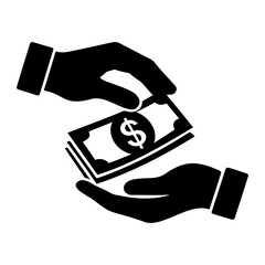 Two hands exchanging a stack of money with a dollar sign in black and white illustration on transparent background
