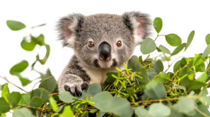 Fluffy koala peers from eucalyptus