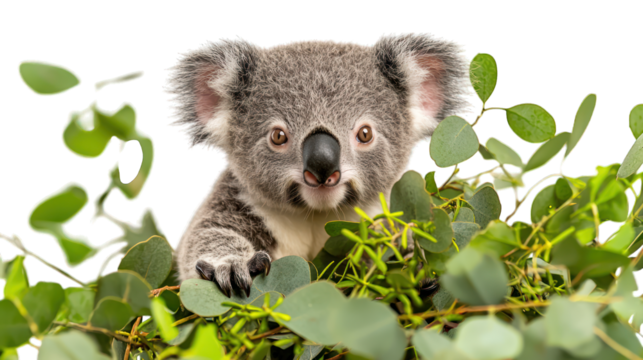 Fluffy koala peers from eucalyptus