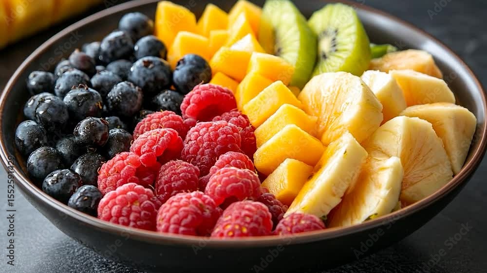 Poster assorted fresh fruits arranged in a bowl with blueberries raspberries mango kiwi and banana on dark 